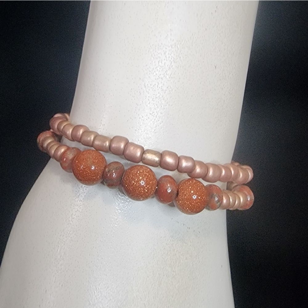 Goldstone, Red Jasper, & Beaded Wrap Bracelet